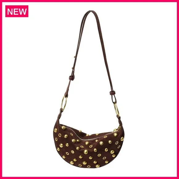 Studded Faux Suede Hobo Bag Adjustable Strap Zippered Pocket 11x6 Inches - Picture 1 of 8